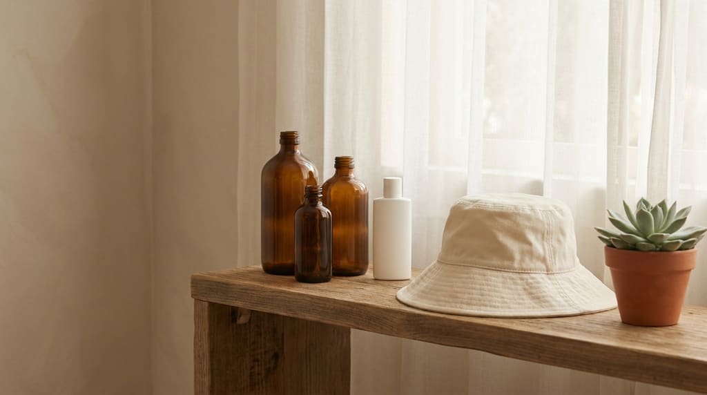 Plain amber supplement bottles, an unlabeled sunscreen bottle and a sun hat on a shelf by a sheer curtain