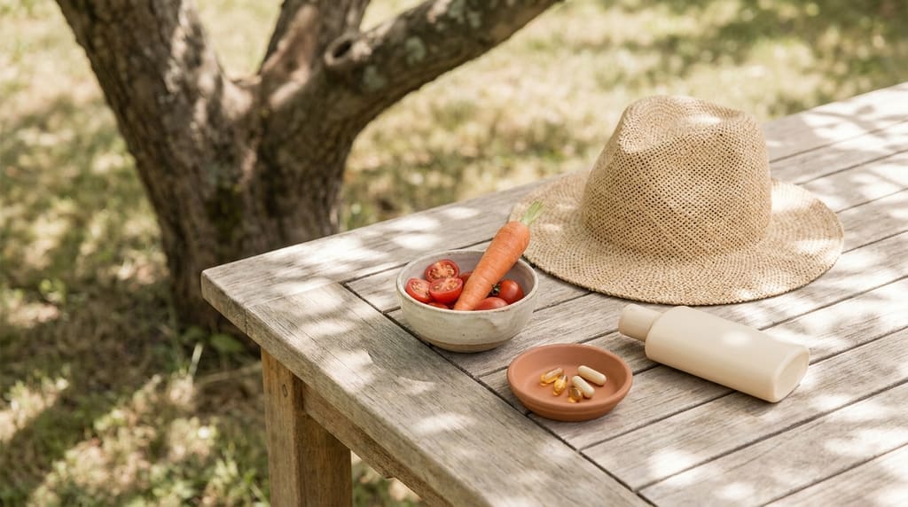 Capsules, sliced tomatoes and a carrot beside a straw hat in dappled shade on a garden table