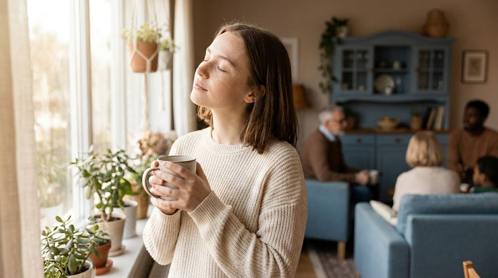 Young woman enjoying natural morning light by a large window with her coffee, eyes closed