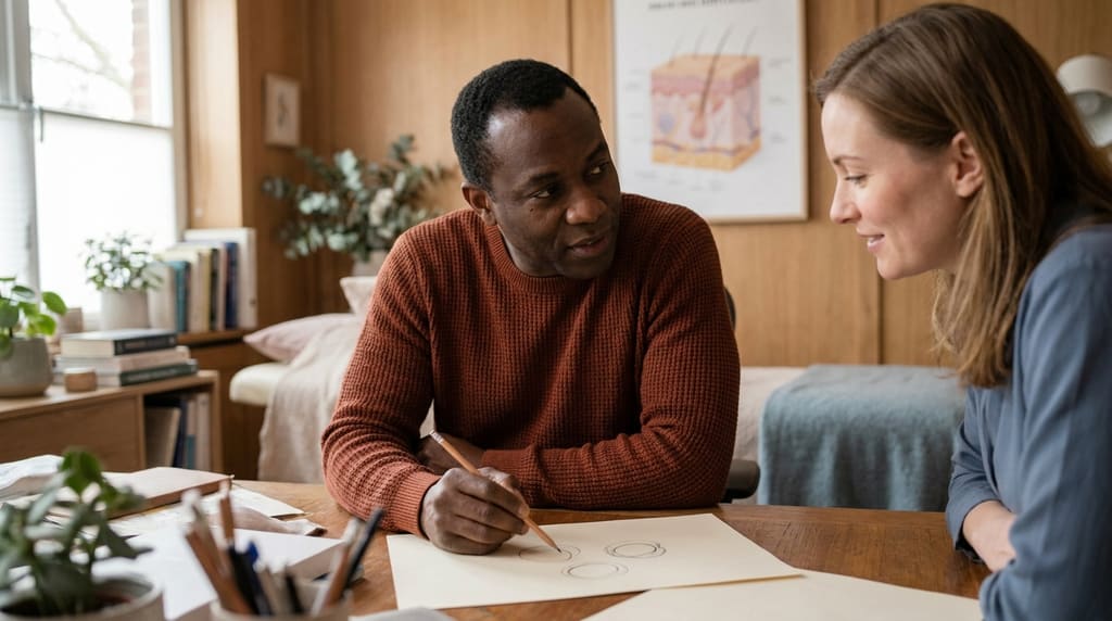 Dermatologist sketching simple diagrams on paper for a patient at a warm desk