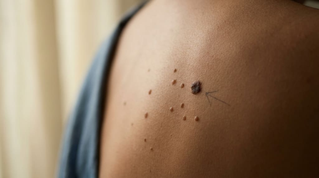 Cluster of similar moles with one visually distinct outlier