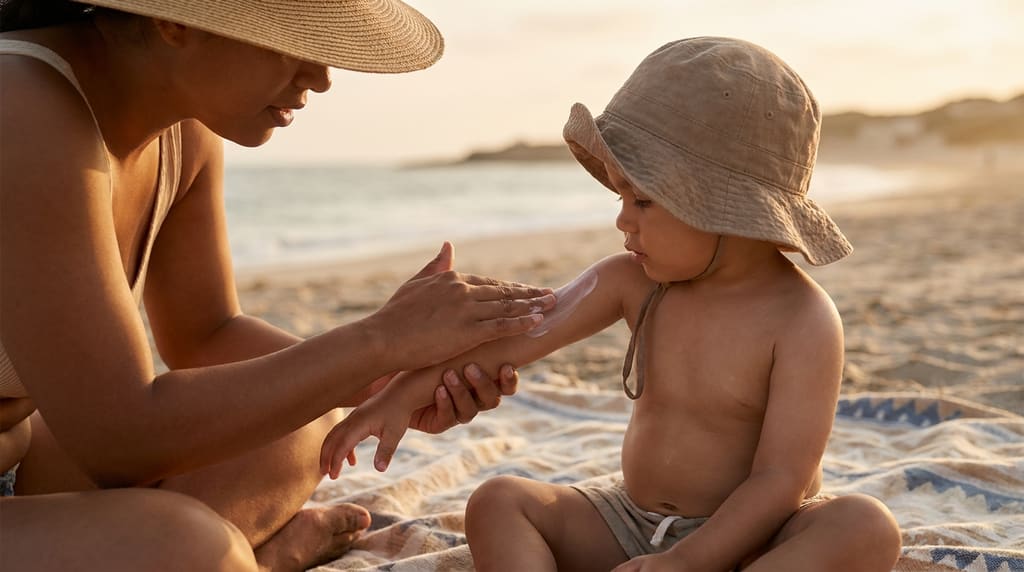 Parent applying sunscreen to a child's arm at the beach