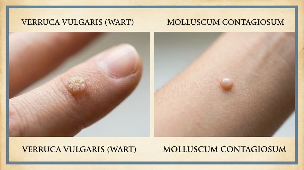Macro diptych comparing a wart with a concerning skin lesion