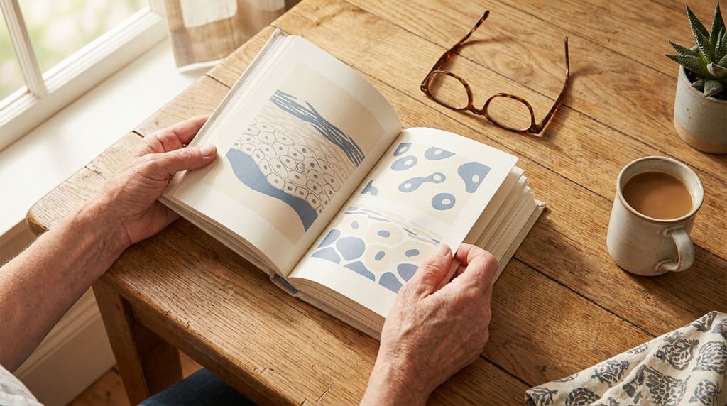 Person studying an educational dermatology booklet at a sunlit table with reading glasses