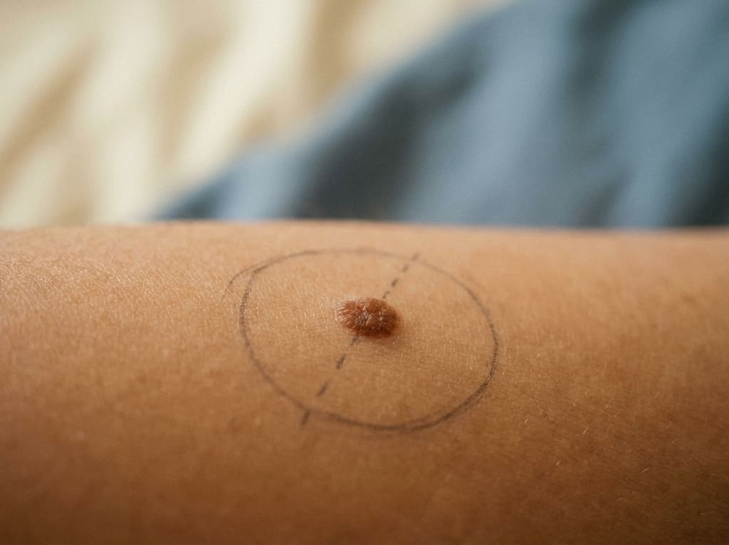 Macro photograph of a small skin mole with a faint pencil overlay illustrating the ABCDE asymmetry-axis criterion