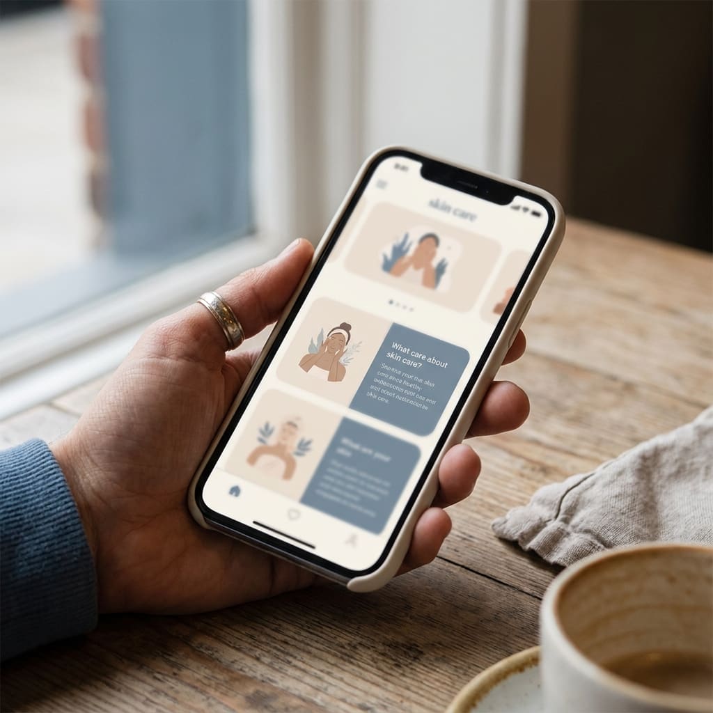 Hand holding a phone scrolling through skin-health cards