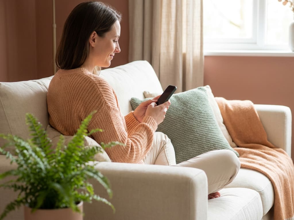A woman relaxing on a sofa, looking at her phone