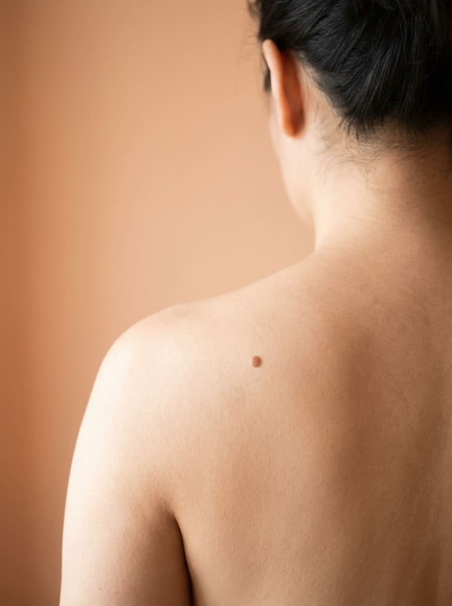 A small mole on a bare shoulder