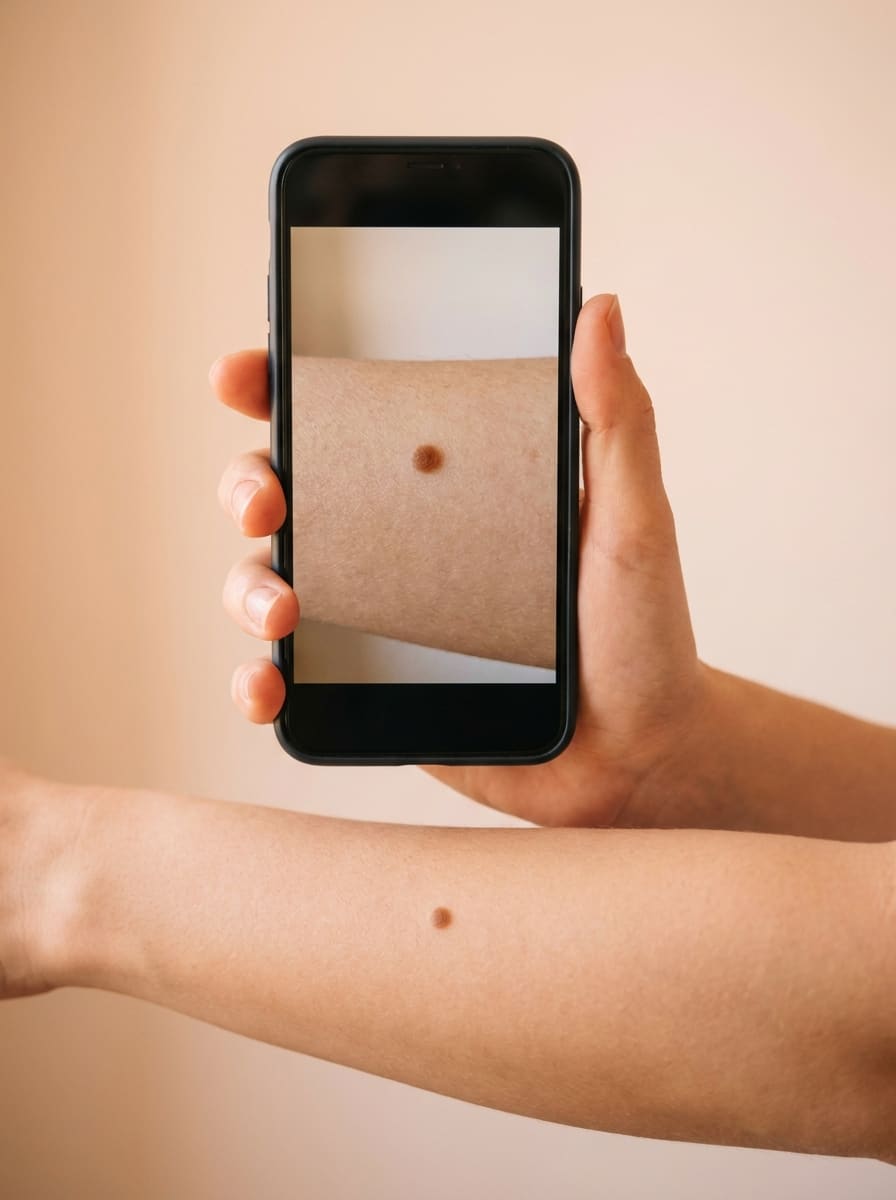 A hand holding a phone that shows a close-up of a small mole on the forearm