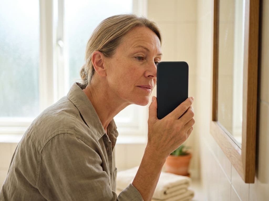 Eine Frau hält im Badezimmer ihr Smartphone nah an ihre Wange