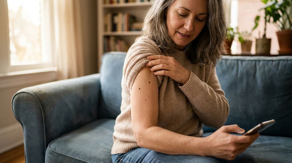 A person sitting on a couch comparing two moles on their arm to a phone screen showing the ABCDE assessment