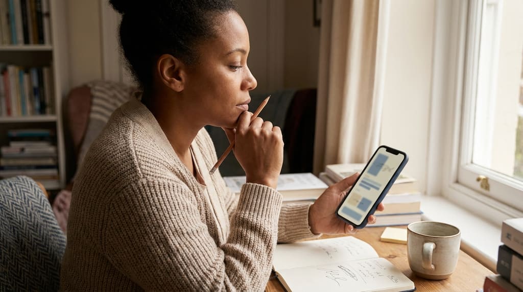 Person at a desk thoughtfully considering a phone showing a multi-step form