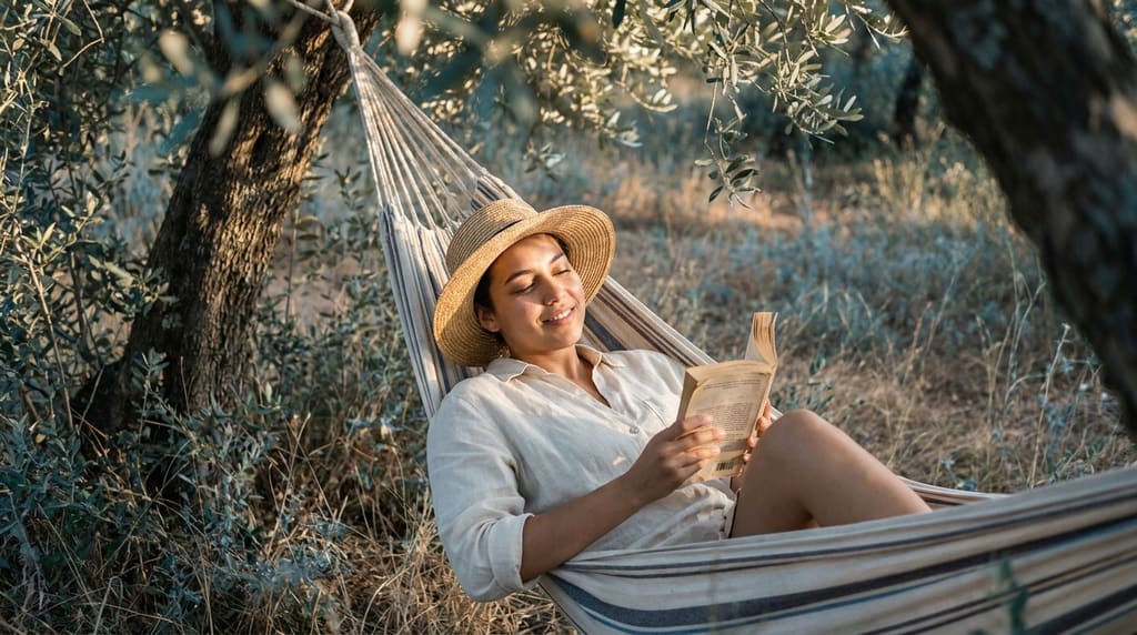 Person reclining in a hammock in dappled afternoon shade with a book