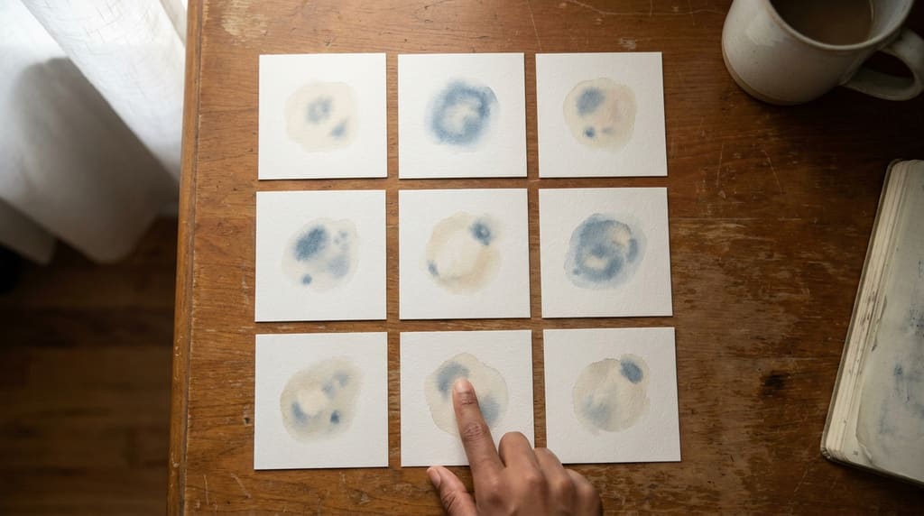 3x3 grid of small printed reference cards on a wooden desk like a visual lookup library