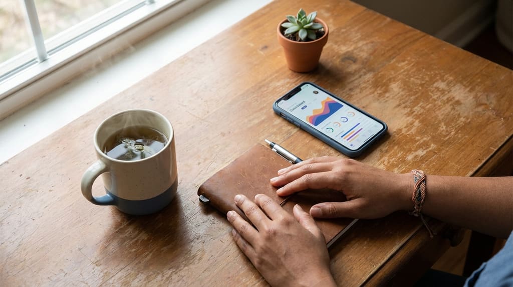 A warm wooden desk with a phone, leather notebook, and tea cup — a quiet moment of self-care