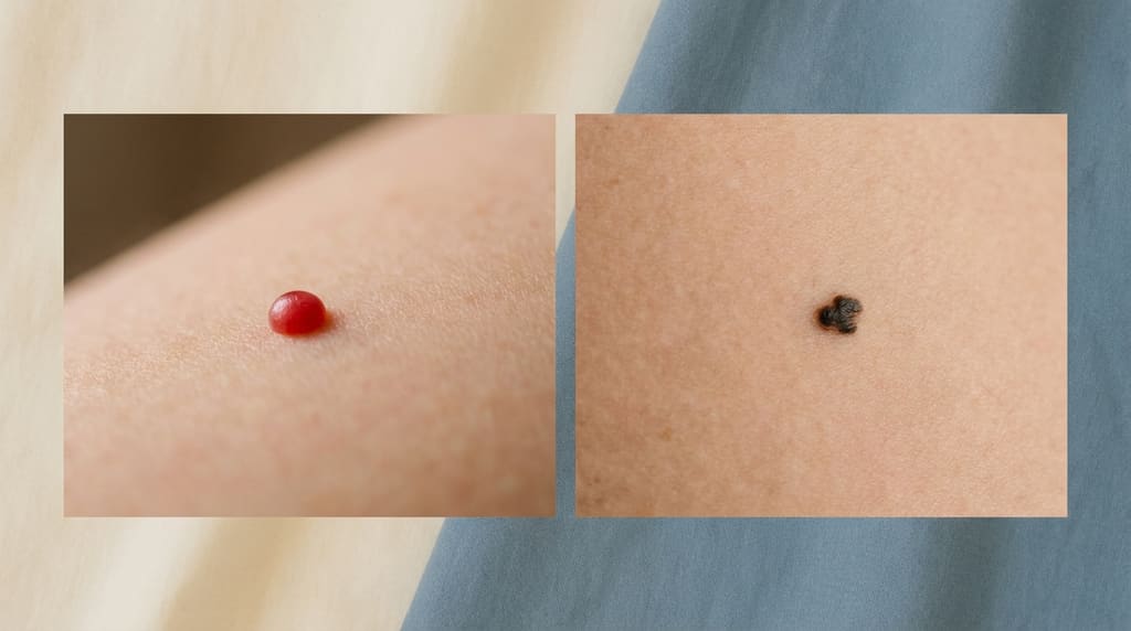 Macro diptych comparing a cherry angioma with an irregular mole